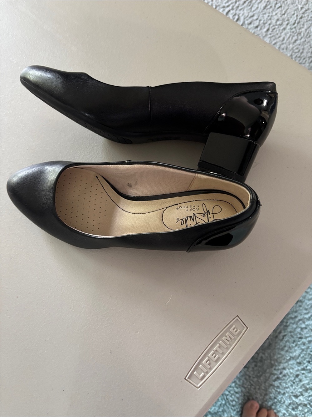 Life Stride Black Low Block Heel Pump with Patent Heel